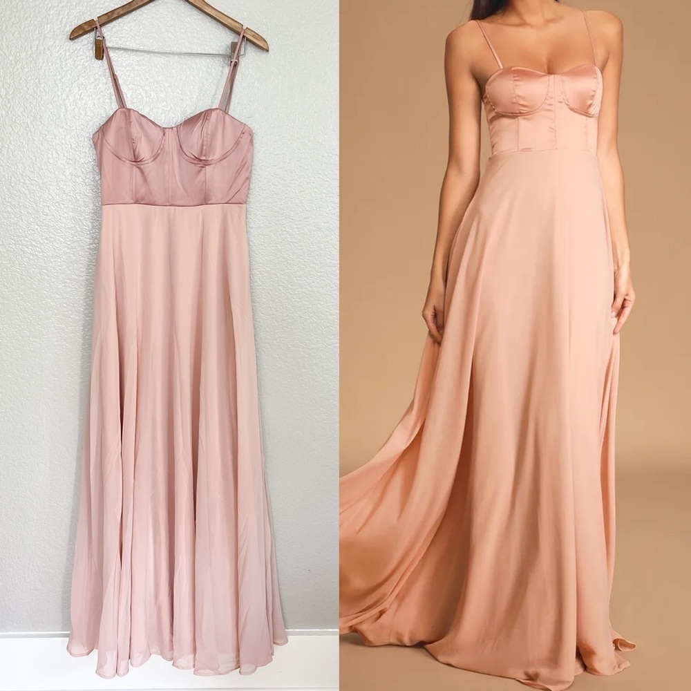 NWOT Best Part Of Me Blush Satin Bustier Maxi Dress